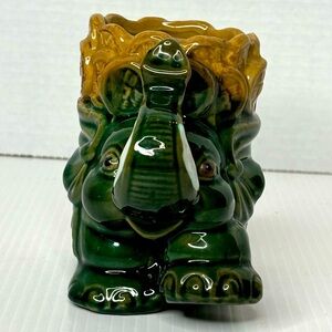 Good Luck Forest green Trunk Up Elephant With beige Coin Basket Planter 5”